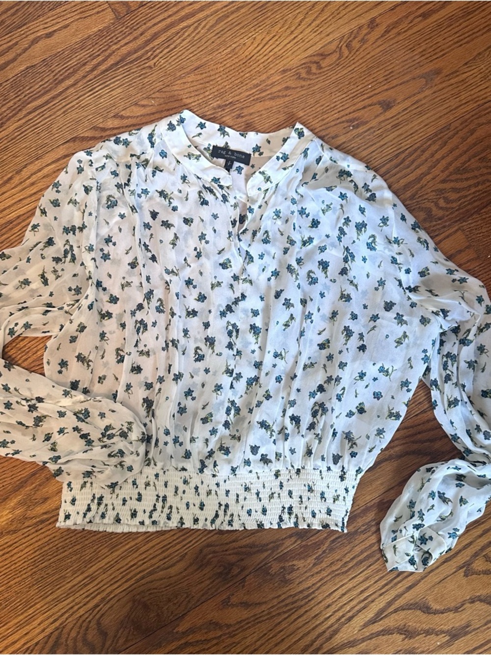 rag & bone Silk Floral Halter Top | Ivory Blue Print Smocked Waist Blouse